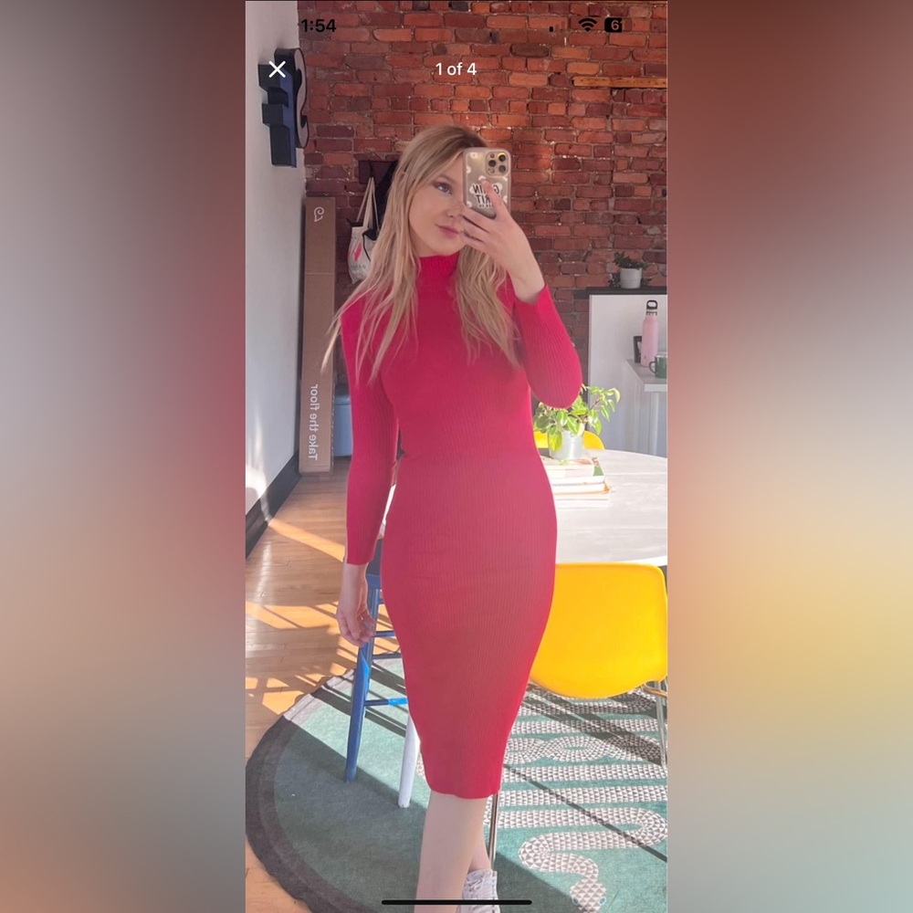 Pink Ribbed Long-Sleeve Mock Neck Bodycon Dress